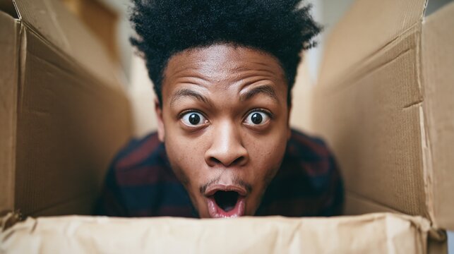 Surprised man looking inside cardboard box for unboxing and delivery concept