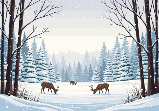 Deer in winter forest landscape scene.