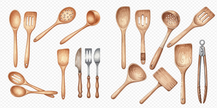 Collection of various wooden kitchen utensils and cooking tools for culinary use.