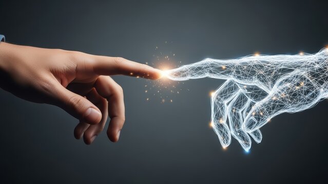Real human hand connecting with bright glowing digital hand.