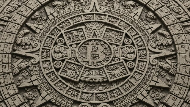 Ancient stone carved circular calendar featuring central bitcoin symbol.