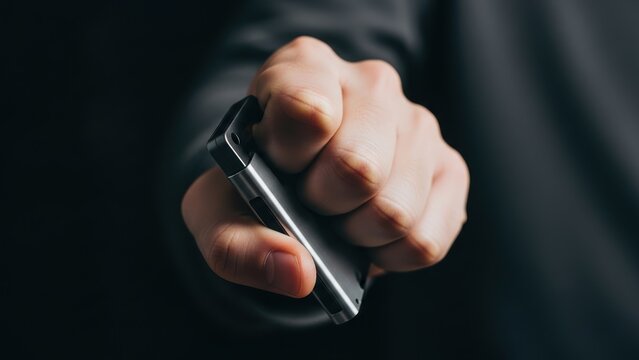 Hand tightly gripping silver hardware cryptocurrency digital wallet device.