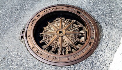 Obraz premium Intricate Antique Bronze Compass Rose Manhole Cover Detailed Design on a City Street