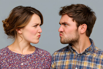 Fototapeta premium Young man and woman exchanging annoyed expressions while facing each other, representing relationship conflict, disagreement, stubbornness, communication issues, emotional tension, and interpersonal c
