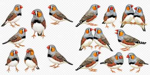 Fototapeta premium Set of multiple zebra finches in various poses, isolated on a transparent background, showcasing their distinct plumage and behaviors.