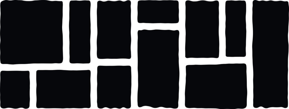 Black rectangles and squares with rough edges on white background, shape