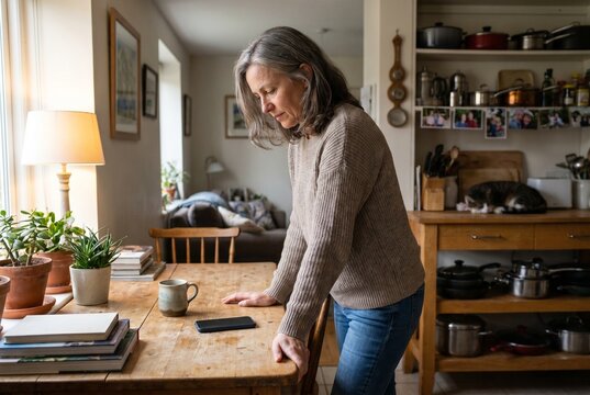 Thoughtful middle-aged woman standing at home beside a smartphone in a cozy living room during the evening, conveying concern, contemplation, or receiving important news in a warm domestic setting.