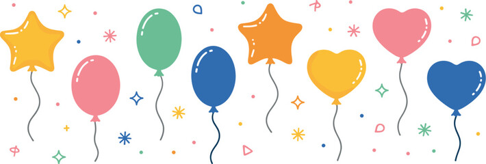 Collection of colorful balloons and confetti, star and heart shapes, festive celebration party birthday © Roy's Bibek
