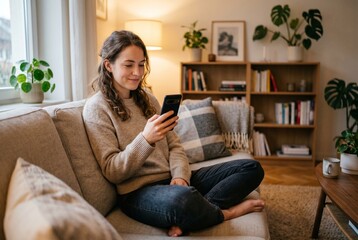 Obraz premium Smiling young woman relaxing on a comfortable sofa while using a smartphone in a bright modern living room, enjoying digital communication in a cozy home filled with natural light and houseplants.