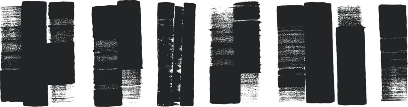 Set of black brush stroke rectangles with textured edges on white background
