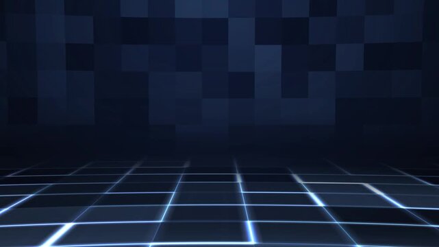 Dark blue digital grid background, with glowing neon, lines and pixelated wall