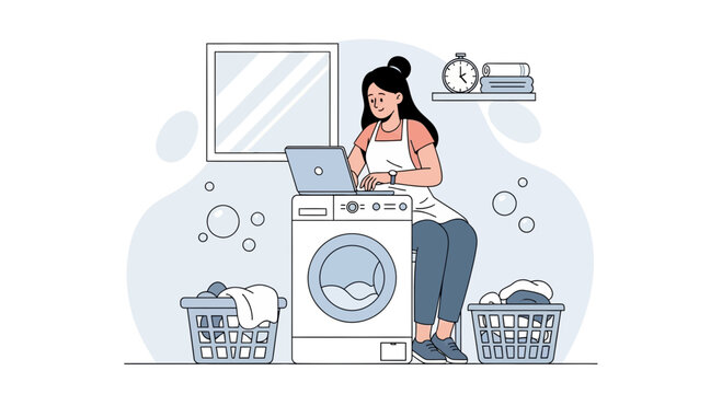 Woman multitasking at home, working on laptop while doing laundry, illustration of modern household chores