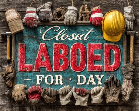 Vibrant "Closed for Labor Day" sign with diverse hands holding various tools like hammer, whisk, mouse, and hardhat