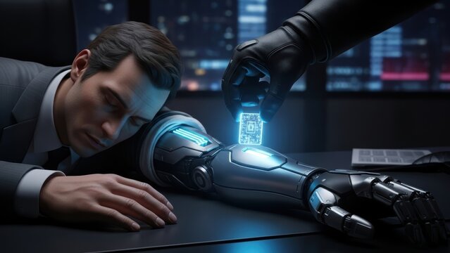 Hand placing bright blue microchip inside metallic cyborg arm.