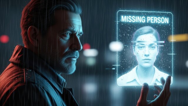 Serious man looking at glowing missing person hologram during rain.