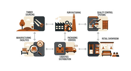 Fototapeta premium Furniture Supply Chain Infographic Illustrating the Complete Production Process from Timber Sourcing to Retail Showroom