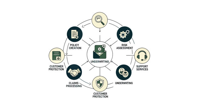 Insurance Underwriting and Policy Lifecycle Process Infographic with Risk Assessment, Claims Processing, and Customer Protection Icons
