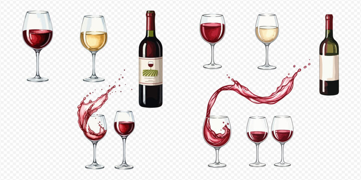 Set of realistic wine bottles and glasses with red and white wine, including splashes and pouring liquid, isolated on transparent background.