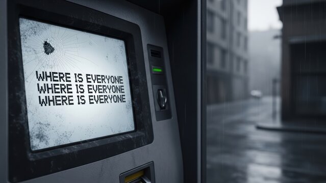 Cracked dirty street machine screen displaying mysterious text during rain.