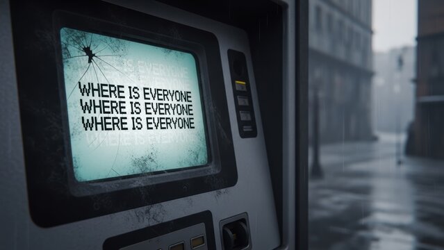 Broken digital kiosk screen asking where is everyone in rainy city.