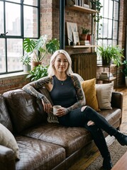 Obraz premium Confident young woman with tattoos relaxing on a stylish leather couch in her modern loft apartment