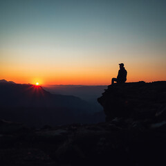 Fototapeta premium Man sitting on cliff edge watching sunrise over mountains