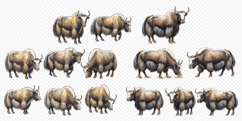 Fototapeta premium Collection of various cartoon yaks in different poses, showcasing their furry bodies and horns against a white background.