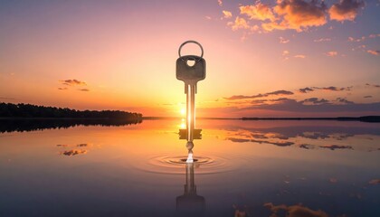 Obraz premium Single House Key Standing Upright in Calm Water with Ripples at Sunrise, Symbolizing New Opportunities and Access.