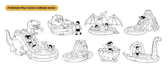 Dinosaur inflatable pool vector illustration set with kids playing in water slides, line art coloring book style elements of prehistoric backyard water park toys isolated on white background. © Dinali