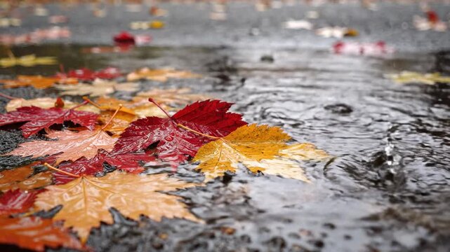 Raindrops falling on colorful autumn leaves floating in a water puddle