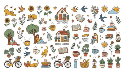 Fototapeta premium Cozy summer nature doodle icons with cats birds books and flowers vector set