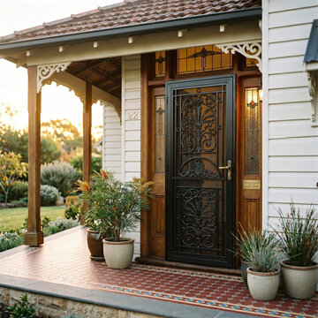 Grand Entrance: A beautifully crafted ornate security door adorns the entrance to a charming Queenslander-style home, bathed in the soft, warm light of a late afternoon sun.