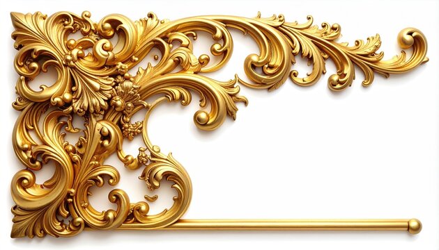 Ornate golden rococo scrollwork decorative corner on white background
