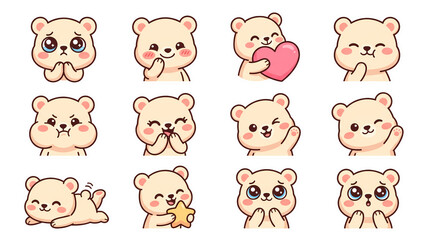 Fototapeta premium Cute cartoon bear sticker pack with various adorable expressions and gestures, perfect for digital communication and expressing emotions