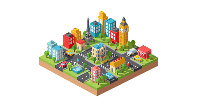 Isometric 3D City Map Illustration with World Landmarks Eiffel Tower and Big Ben Featuring Colorful Buildings Streets and Parks