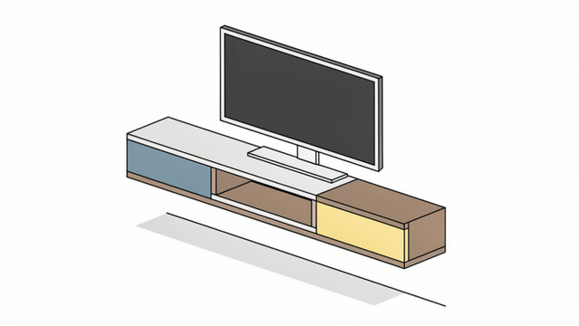 Modern minimalist TV stand with flat screen television and storage units in neutral tones