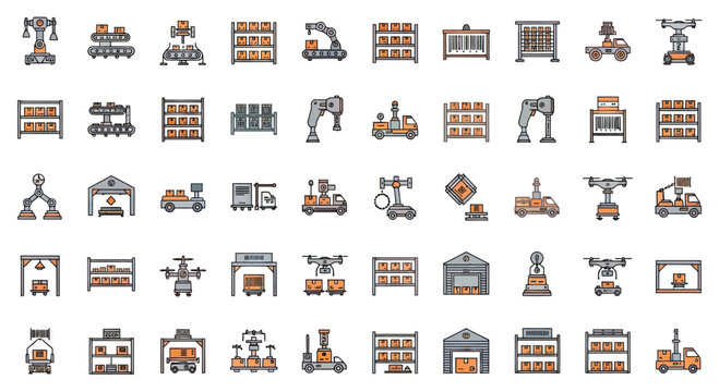 Smart Warehouse and Automated Logistics Icon Set - Industrial Robotics, Digital Supply Chain and Storage Symbols
