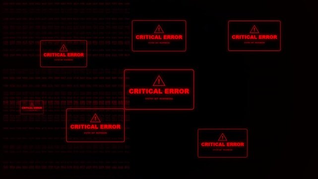 Multiple Red Glowing Critical Error Warning Windows Cascading Over Scrolling Digital System Code on Dark Screen