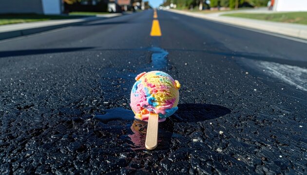 Single scoop of vibrant rainbow sherbet ice cream melting slowly on a hot asphalt road on a sunny summer day