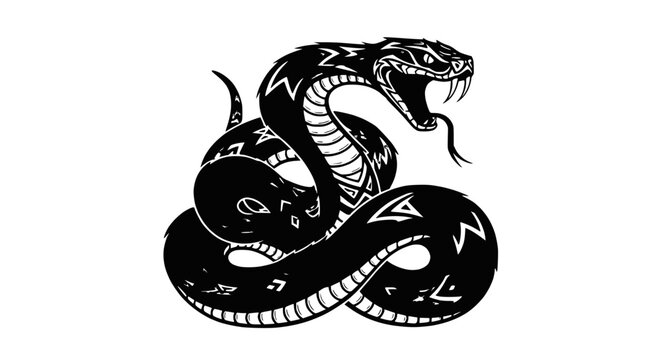 Black Cobra Snake Silhouette with Tribal Patterns, Aggressive Pose