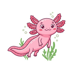 Naklejka premium Cute pink axolotl swimming underwater cartoon style salamander animal character