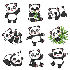 Obraz premium Cute panda bear set variety of poses actions cartoon animal