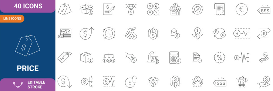 Price icon set. Containing price, cost, quotation, price tag, invoice, estimate, product, discount and etc. icons collection. editable stroke