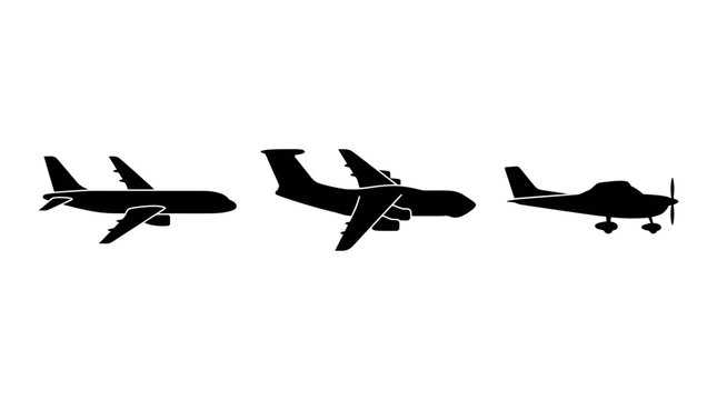 Black airplane silhouettes collection featuring commercial jet cargo transport plane and small propeller aircraft isolated on white background