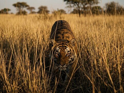 A majestic tiger stalking through tall golden grass in the wilderness