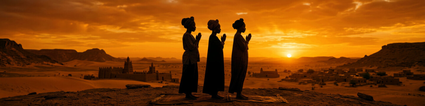 Three African women silhouetted in prayer on a rocky plateau during a golden sunset. Traditional figures overlook an ancient mud-brick village. Spirituality and cultural heritage concept.