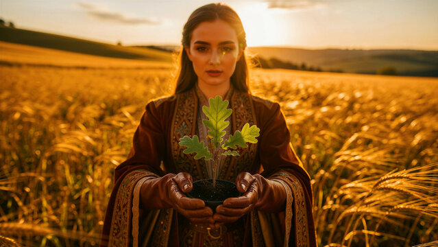 Woman in traditional dress holds an oak sapling in a golden wheat field at sunset. She wears ornate robes while cradling the young plant. Growth and sustainability concept for environment branding.