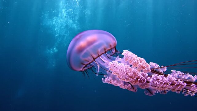 Purple and pink jellyfish floating in deep blue ocean water with sunlight rays