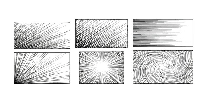 Set of black and white manga speed lines and comic book action effect backgrounds