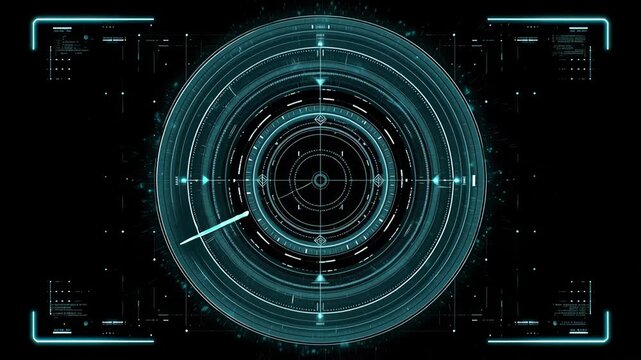 Futuristic scifi hud radar screen with circular interface elements and data scanning animations.